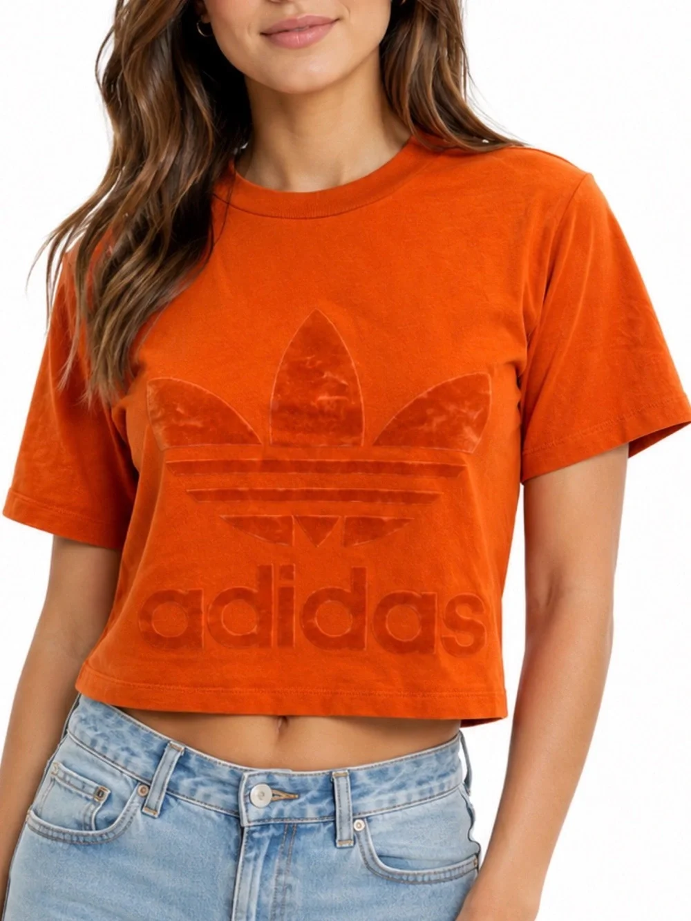 adidas Orange Velvet Trefoil Crop Top - Picture 1 of 5